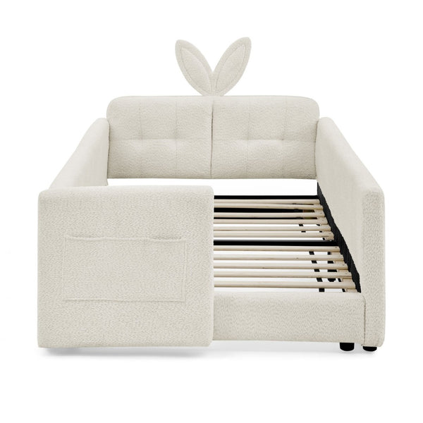 English Elm Twin Boucle Upholstered Kids Bed Whimsical Rabbit Ear Headboard with Safety Rail Beige W1413P407485