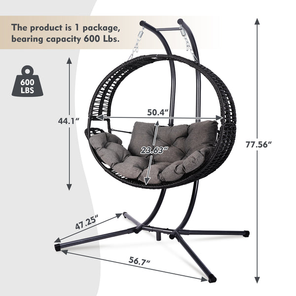 English Elm Double Hanging Egg Chair with Stand, Oversized 2-Person Rattan Swing, Convertible Recline, 700lb Capacity W2500P288856