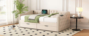 English Elm Upholstered Twin Daybed with Linen Tufted Back Nailhead Arms and Storage Drawers W1670P391274