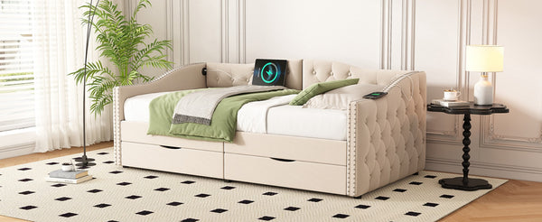 English Elm Upholstered Twin Daybed with Linen Tufted Back Nailhead Arms and Storage Drawers W1670P391274