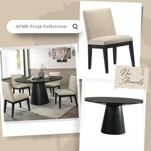 English Elm Froja Beige Fabric 5PC Dining Set with Black Round Table, Upholstered Chairs, Modern 59" Dia Elegance B2726S00240