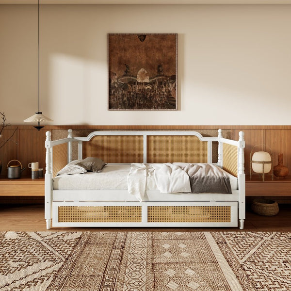 English Elm Traditional Rattan Headboard Twin Daybed Pine Frame with Under Bed Storage Drawers BS701P193261K