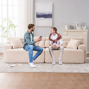 English Elm LY-029 Apricot Modular 4-Seater Sofa with Wood-Grain Chenille, High-Density Foam, 2 Pillows, Durable Comfort W2231S00023