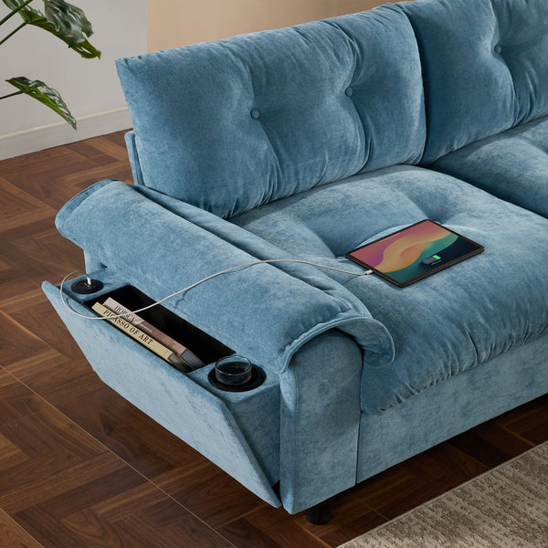 English Elm 104*60" Sectional Sofa with Hidden Ottoman Storage, Tufted Chenille, USB Ports, Cup Holder Light Blue N723S9806C