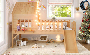 English Elm Twin Playhouse Loft Bed Solid Pine Frame with Slide Led Lights and Star Roof Natural W5316S00005
