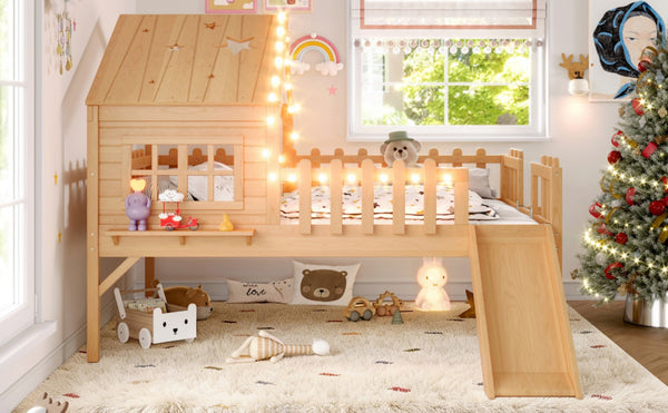 English Elm Twin Playhouse Loft Bed Solid Pine Frame with Slide Led Lights and Star Roof Natural W5316S00005