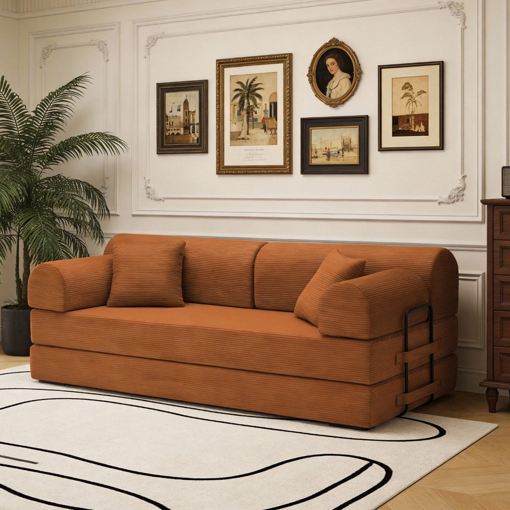 English Elm Convertible Corduroy Floor Sofa Folds Flat as Sleeper Daybed for Studio Living Orange W5532P438817