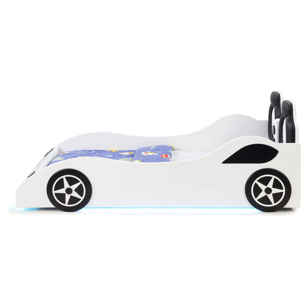 English Elm Solana Race Car Twin Bed with LED Underglow Lights, Padded Headboard, White Wood, Playful Design B062S01109
