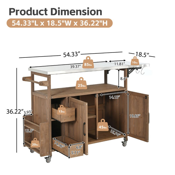 English Elm 54.33" Farmhouse Outdoor Kitchen Cart Solid Fir Frame Steel Top Storage Bbq Prep Natural N767P379702A