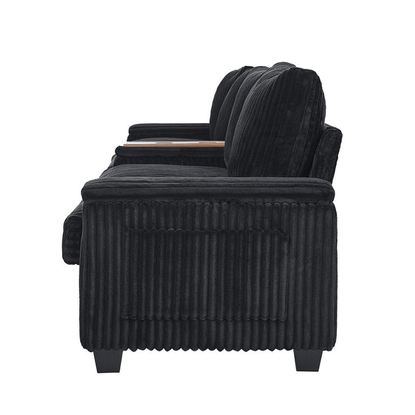 English Elm 4-seater Corduroy Sofa with USB Ports, Flip-Top Cup Holders, Hidden Arm Storage & Ultra-Deep Seats Black N719S001990B