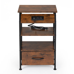 English Elm Set of 2 Nightstands with Built-In USB & Outlet Charging Station, Fabric Drawers, Open Shelves for Bedroom Rustic Brown W2181P191358