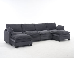 English Elm Oversized Modular Velvet U-Shaped Sofa - Luxurious 4-Seat Couch With 2 Ottomans & Pillows W2705S00024-GIGA