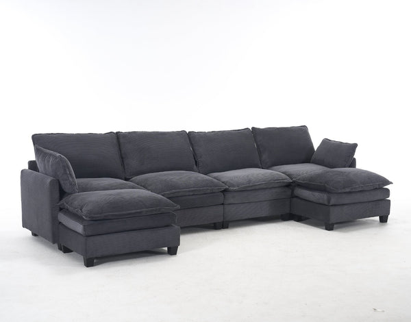 English Elm Oversized Modular Velvet U-Shaped Sofa - Luxurious 4-Seat Couch With 2 Ottomans & Pillows W2705S00024-GIGA