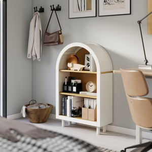 English Elm Arched White & Woodgrain Bookcase with 3 Shelves — Elegant Arched Top, Solid Wood Legs, Versatile Storage W2557P331018