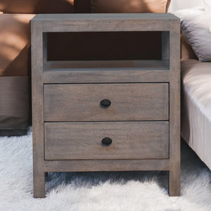 English Elm Acid Wash 2-Drawer Open Bedside in Brown Solid Mango Wood — Handcrafted Weathered Finish, Storage Elegance B182P284342