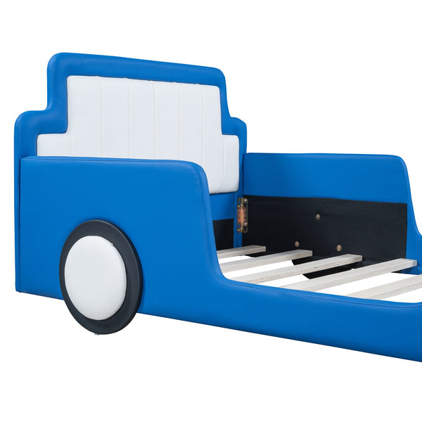 English Elm Twin Race Car-Shaped Platform Bed with Safety Rails and Sturdy Slats for Kids’ Room Comfort Blue SF000127AAC