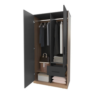 English Elm Matt Grey Two-Tone Wardrobe with Drawer and Open Shelves, 2-Door Melamine Closet for Modern Bedrooms (96) B062S01137