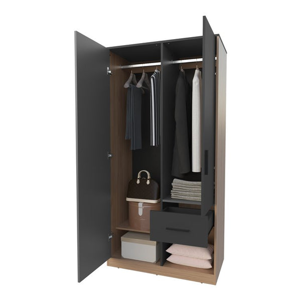 English Elm Matt Grey Two-Tone Wardrobe with Drawer and Open Shelves, 2-Door Melamine Closet for Modern Bedrooms (96) B062S01137