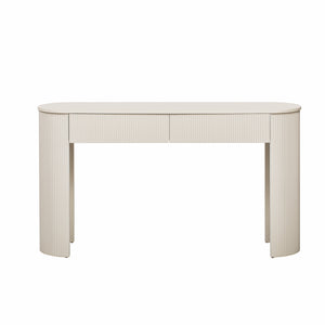 English Elm TREXM Modern Fluted Entryway Table with Oval Top, Two Handleless Drawers and Sleek Minimalist Design Champagne White N715P233435A