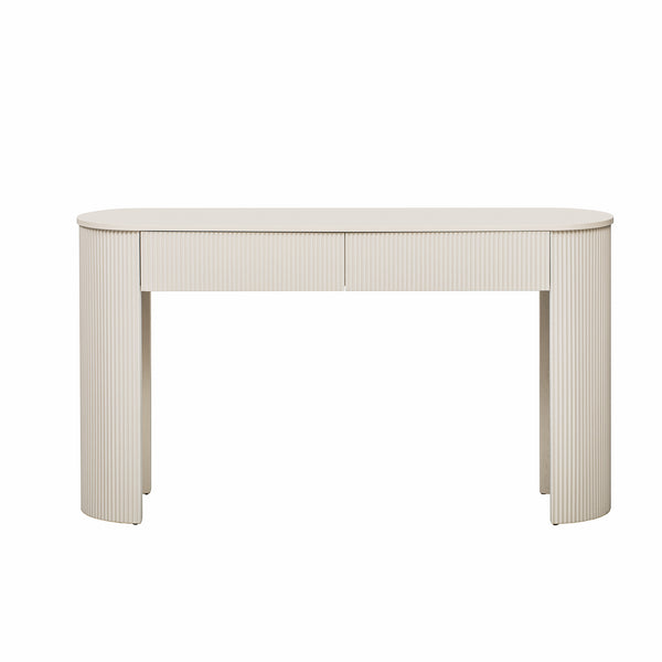 English Elm TREXM Modern Fluted Entryway Table with Oval Top, Two Handleless Drawers and Sleek Minimalist Design Champagne White N715P233435A