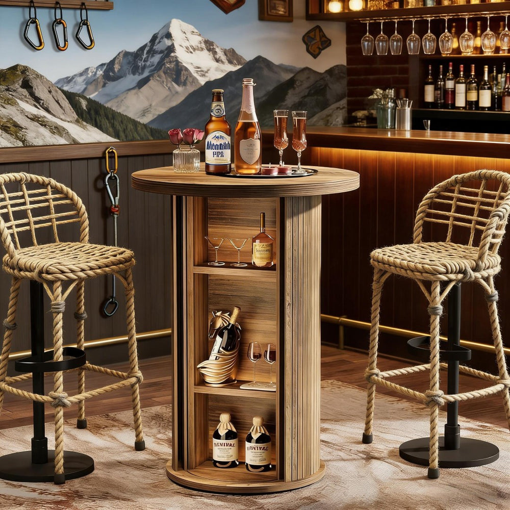 English Elm High Round Bar Table with Three Tier Storage Shelving Bistro Style Wood Grain Finish T3971P460673