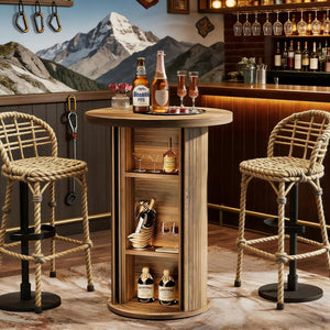 English Elm High Round Bar Table with Three Tier Storage Shelving Bistro Style Wood Grain Finish T3971P460673