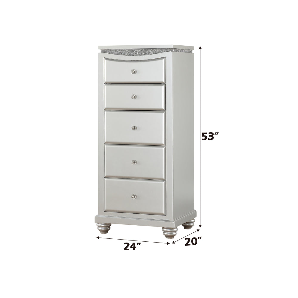 English Elm Maverick Platinum Finish Dresser with 9 Drawers, Crystal Knobs, Rhinestone Inlay, Felt Top Drawer - Luxurious Storage Silver 53 L x 25 W x 21 H B2726P247646