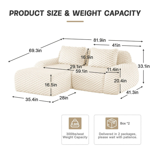 English Elm 82" Modular L-shaped Sectional Sofa Flannelette Upholstered with Movable Ottoman Living Room Cream W714S01517