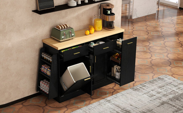 English Elm Trexm Farmhouse Kitchen Sideboard with Hidden Trash Cabinet and Built-in Spice Rack Black XW000027AAB