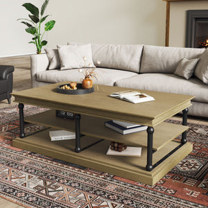 English Elm Christopher Knight Home® - 55.1" Wood Coffee Table with Industrial Black Legs, Two Open Shelves for Storage & Display Modern Elegance Black+Brown N768P292053B