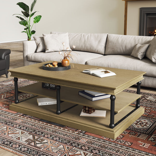 English Elm Christopher Knight Home® - 55.1" Wood Coffee Table with Industrial Black Legs, Two Open Shelves for Storage & Display Modern Elegance Black+Brown N768P292053B
