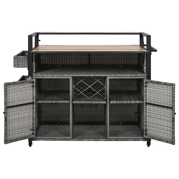 English Elm K&K Wicker Outdoor Grill Cart with Foldable Drop Leaf, Locking Wheels, Wine Rack & Ample Storage Grey N707P233747G