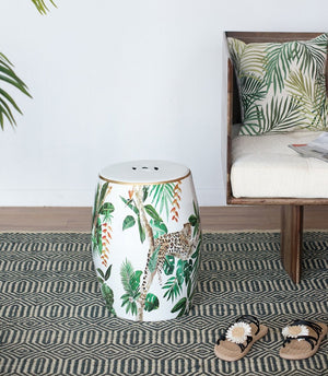 English Elm 13x13x18" Hand-painted Ceramic Stool Bohemian Jungle Motif Accent Seat or Side Table W2078P456916