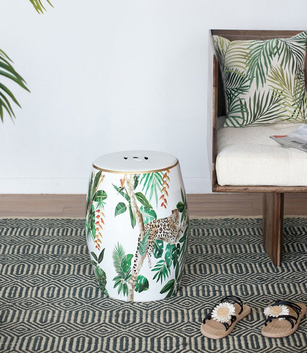 English Elm 13x13x18" Hand-painted Ceramic Stool Bohemian Jungle Motif Accent Seat or Side Table W2078P456916