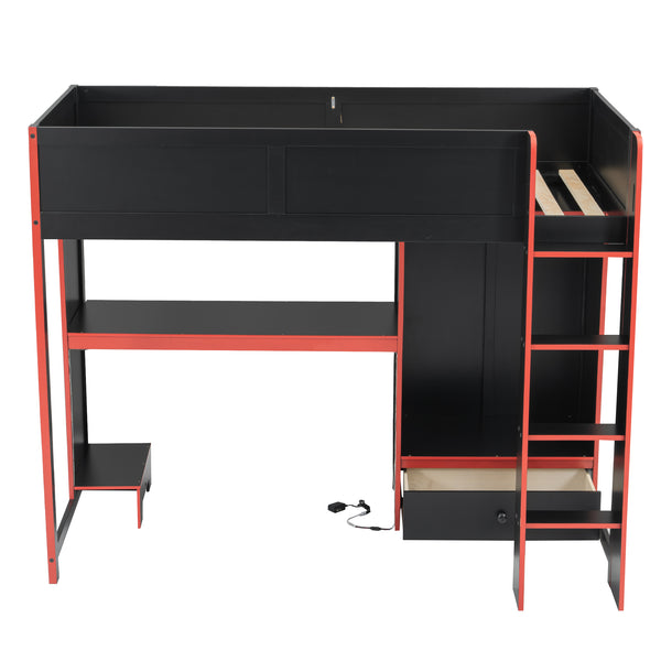 English Elm Wood Twin Gaming Loft Bed with Desk, Wardrobe, LED Lighting & Drawer — Space-Saving Black Red Accent, 400lb Capacity N7090004010B