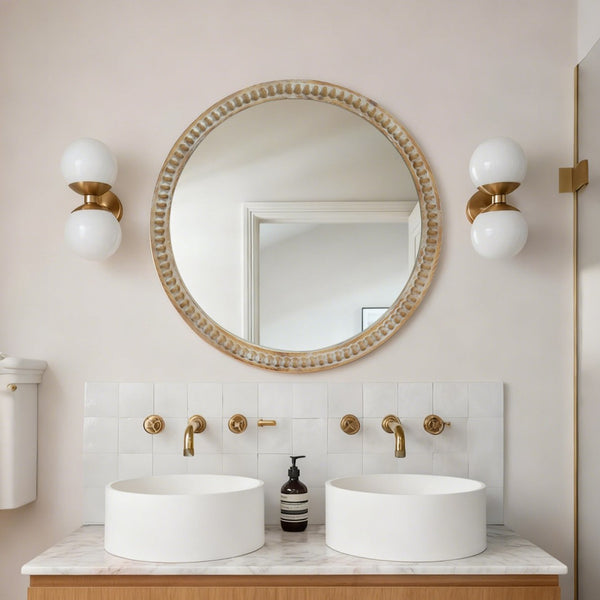 English Elm Round Decorative Wall Mirror - 23.62" Beaded Frame For Farmhouse Charm In Living Room, Entryway & Bath W2295P389104-GIGA