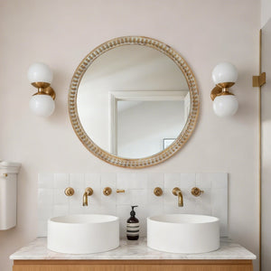 English Elm Round Decorative Wall Mirror - 27.5" Distressed Beaded Frame For Rustic Farmhouse Charm & Style W2295P389106-GIGA