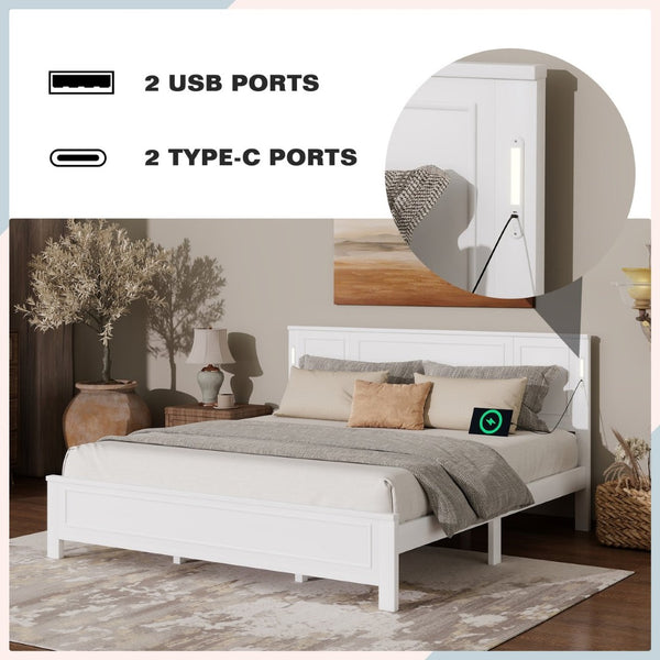 English Elm King Pine Wood Platform Bed with Led Lighting Usb Charging Tall Panel Headboard White W504S00274