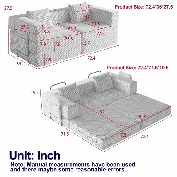 English Elm 72.4 Inch Corduroy Convertible Floor Sofa Bed with Storage Pockets for Any Room W3505P355571