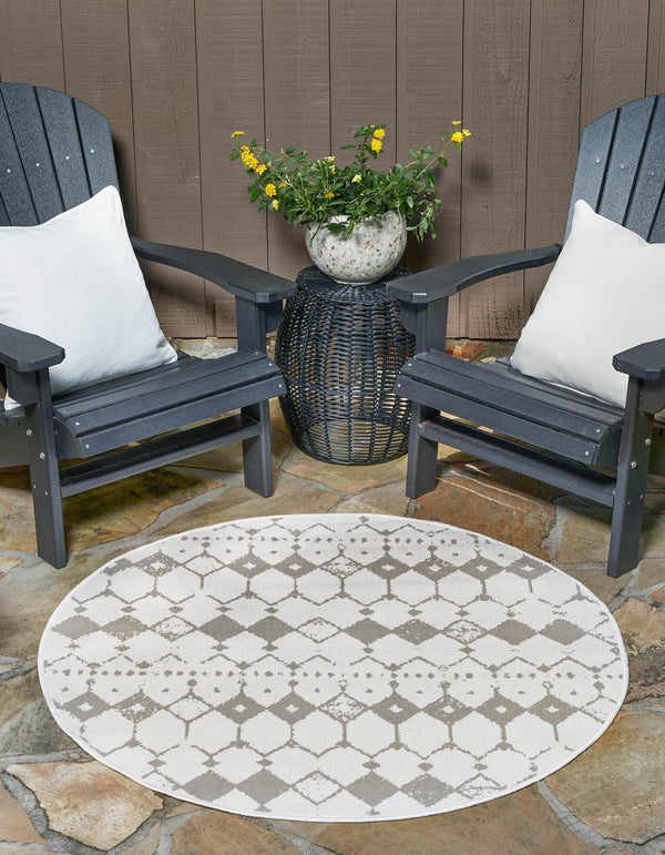 Unique Loom Outdoor Trellis Cardak Machine Made Geometric Rug Ivory and Gray, Gray 7' 1" x 7' 1"