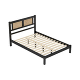 English Elm Full Size Wooden Platform Bed With Natural Rattan Headboard, Exquisite Elegance With Minimalist Charm For Bedroom, Black