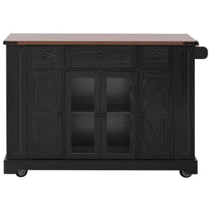 English Elm K&K 53" Farmhouse Kitchen Island with Drop Leaf, Tempered Glass Doors, Power Outlet, Rolling Cart Black N707P263637B