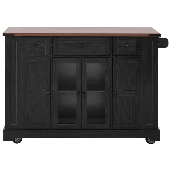 English Elm K&k Farmhouse Rolling Kitchen Island with Drop Leaf Tempered Glass Drawers and Power Outlet Black N707S263637B