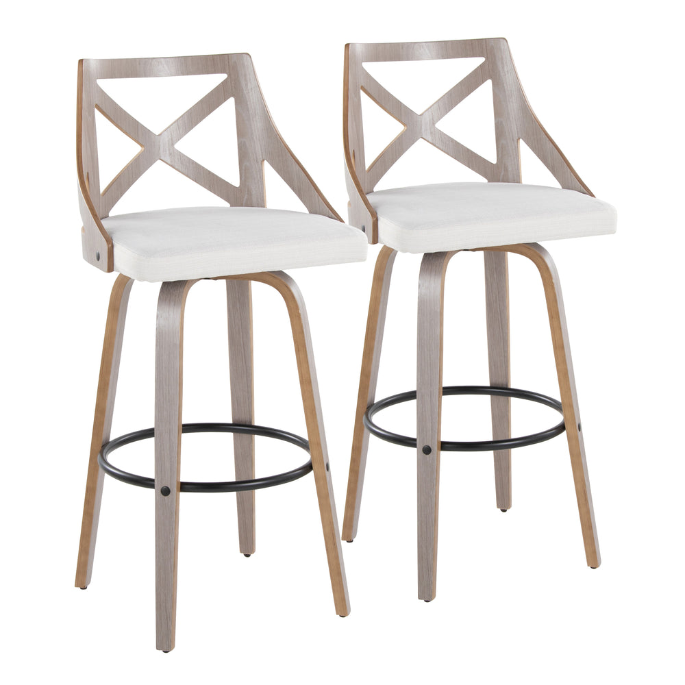 English Elm Charlotte 30" Farmhouse Barstool Set of 2 — Swivel Cream Fabric Seat, X-Back, Bent Wood Legs, Black Footrest B202S00491
