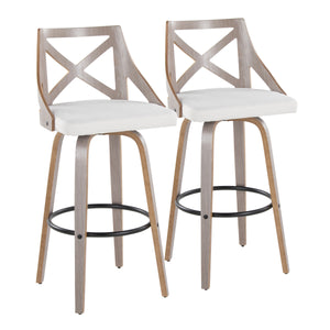English Elm Charlotte 30" Farmhouse Barstool Set of 2 — Swivel Cream Fabric Seat, X-Back, Bent Wood Legs, Black Footrest B202S00491