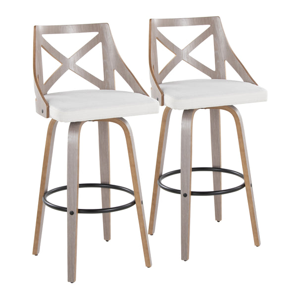 English Elm Charlotte 30" Farmhouse Barstool Set of 2 — Swivel Cream Fabric Seat, X-Back, Bent Wood Legs, Black Footrest B202S00491
