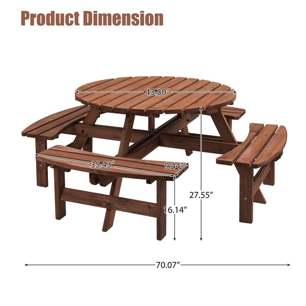 English Elm 8 Person Wooden Picnic Table with 4 Benches, Natural Outdoor Round Dining Set, 2220lb Total Capacity W1422P338263