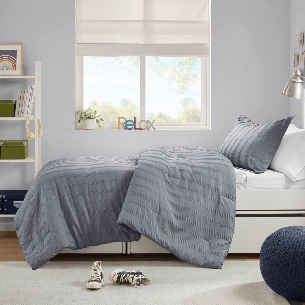 JLA Home Super Listing - Woven Logan duvet set with subtle woven stripe, brushed microfiber reverse, Oeko‑Tex certified comfort Blue/Grey AM12-0573