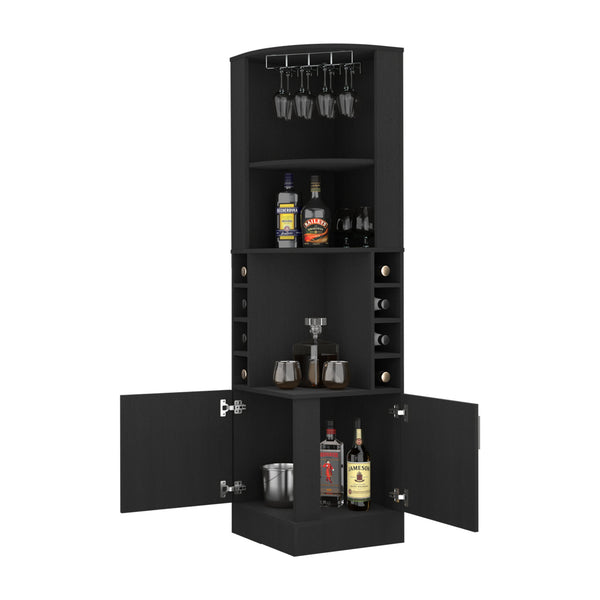 English Elm Seattle Corner Bar Cabinet with 8 Bottle Cubbies, Glass Slots & 2 Open Display Shelves for Parties B128P176130