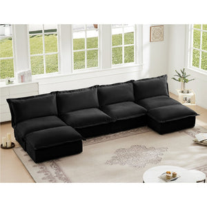 English Elm Slipcovered Chenille U-shape Sectional Deep Seat Cloud Couch with Reversible Ottoman W3041S00121